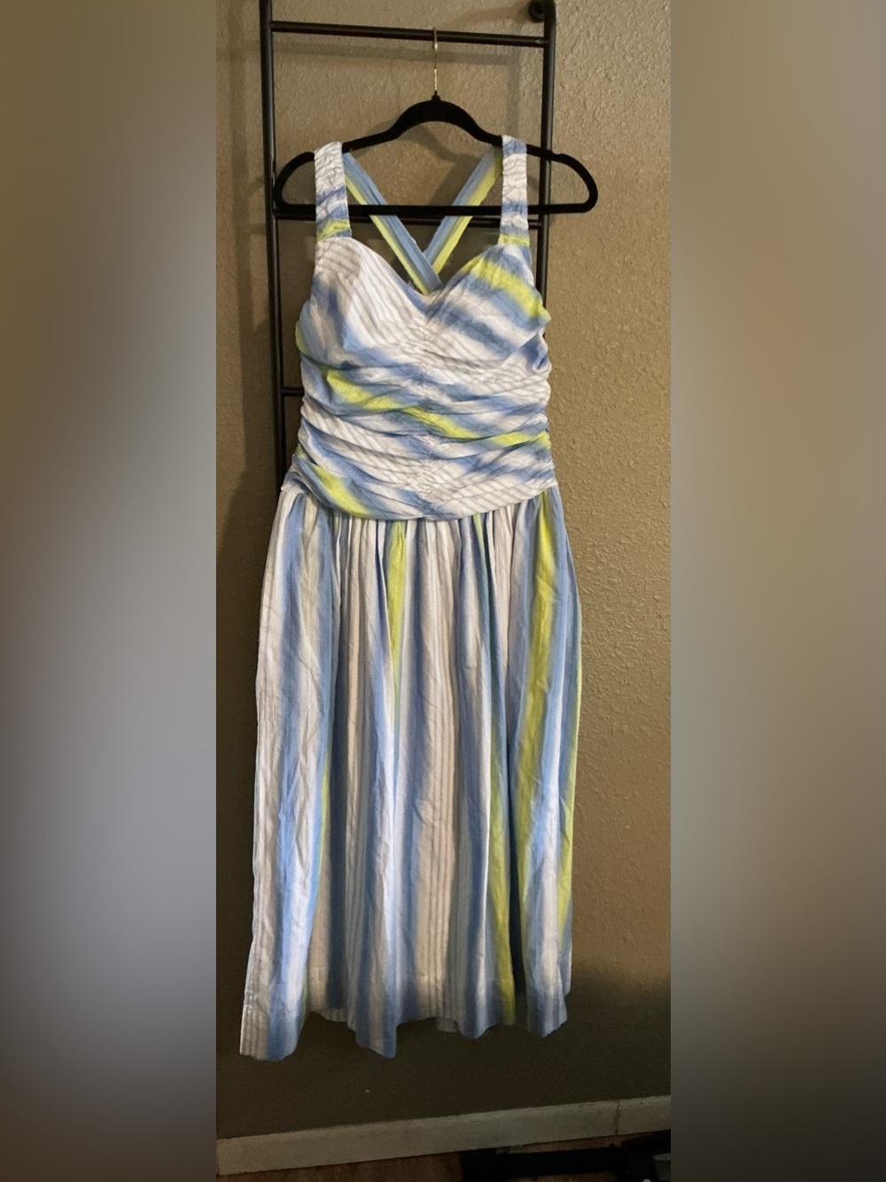 Anthropologie Blue, White & Lime Striped Ruched maxi Dress